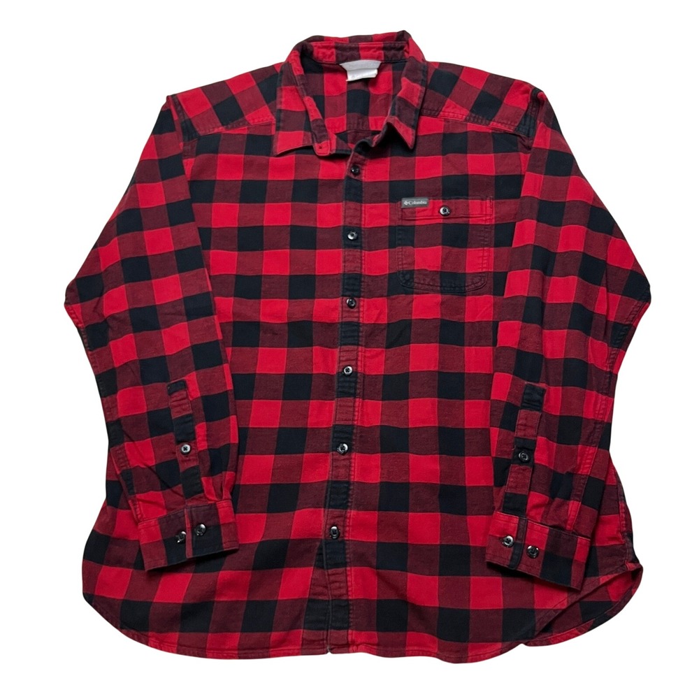 Columbia Button Down Mens XL Red Buffalo Plaid‎ Cornell Woods Flannel Shirt